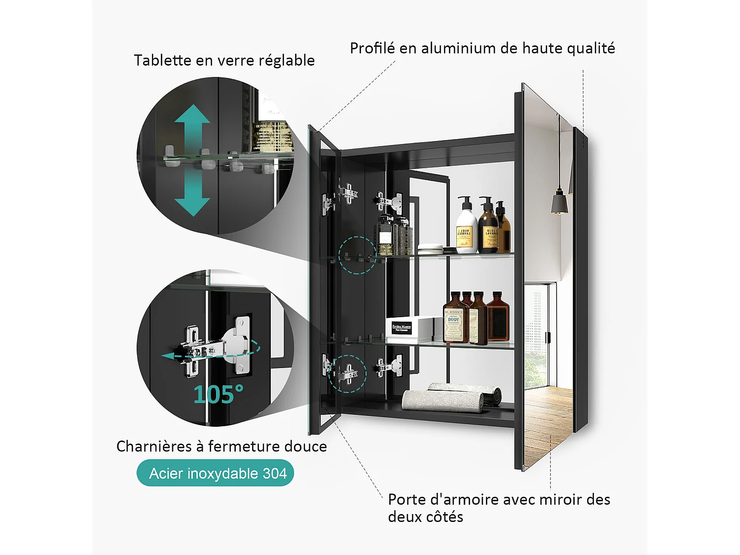 EMKE Armoires de toilette 60x65cm Noir Armoire Salle de Bain en Miroir Double Face