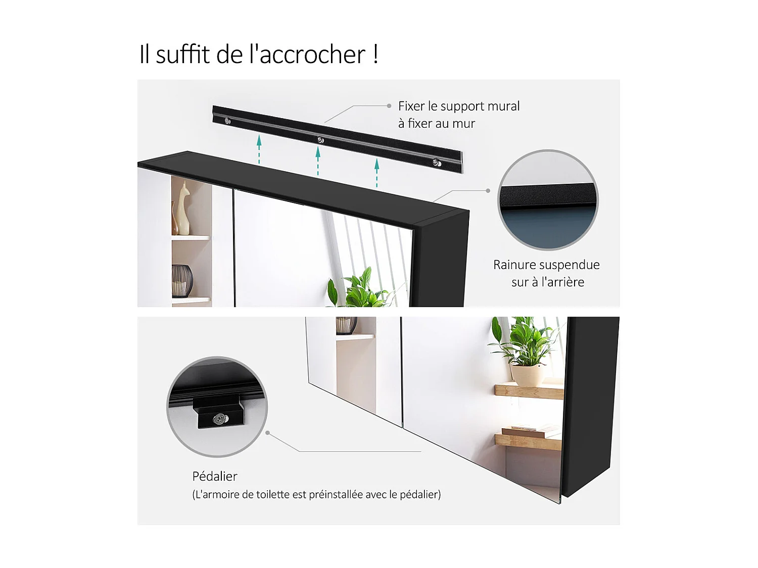 EMKE Armoires de toilette 60x65cm Noir Armoire Salle de Bain en Miroir Double Face