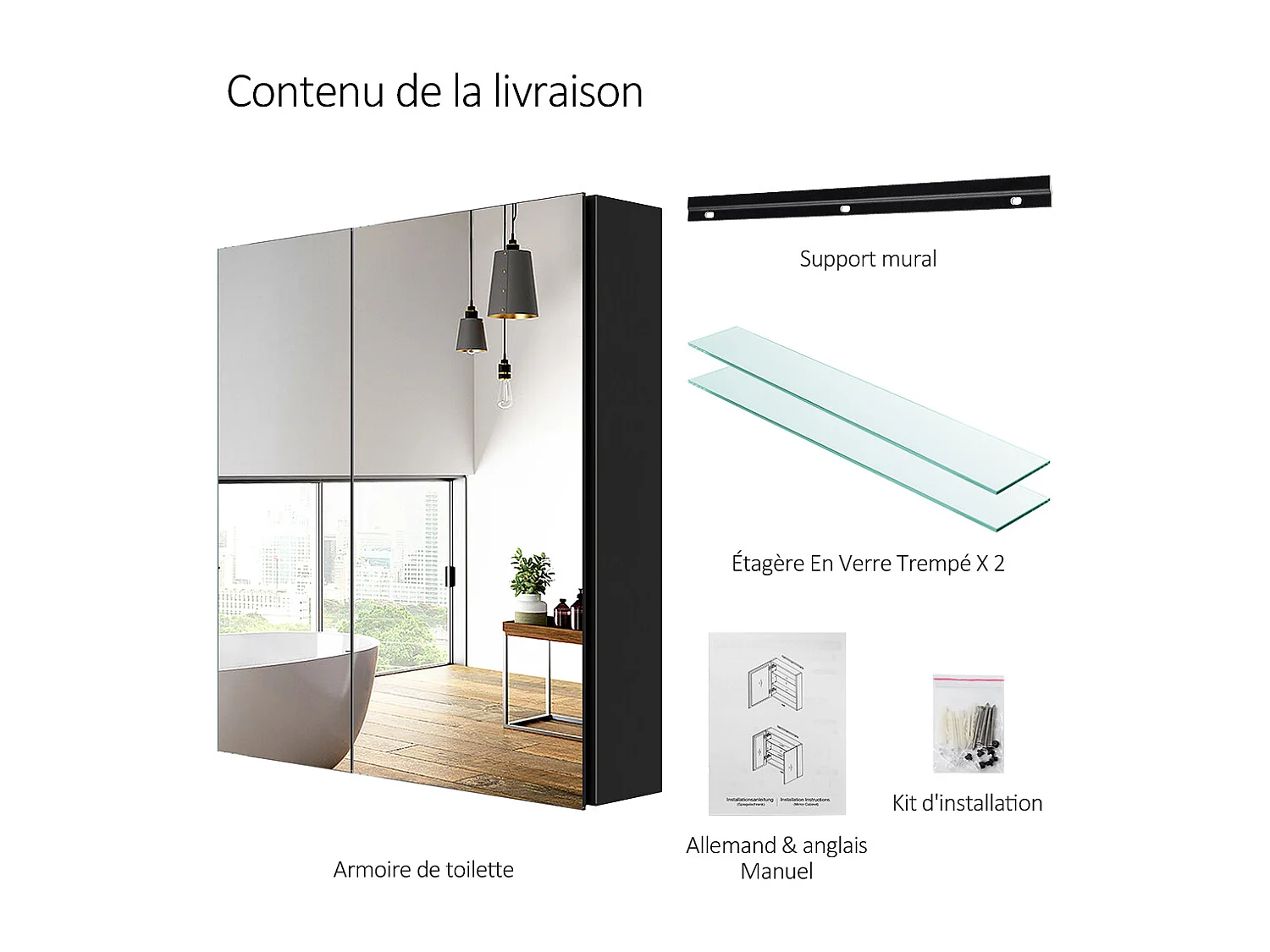 EMKE Armoires de toilette 60x65cm Noir Armoire Salle de Bain en Miroir Double Face