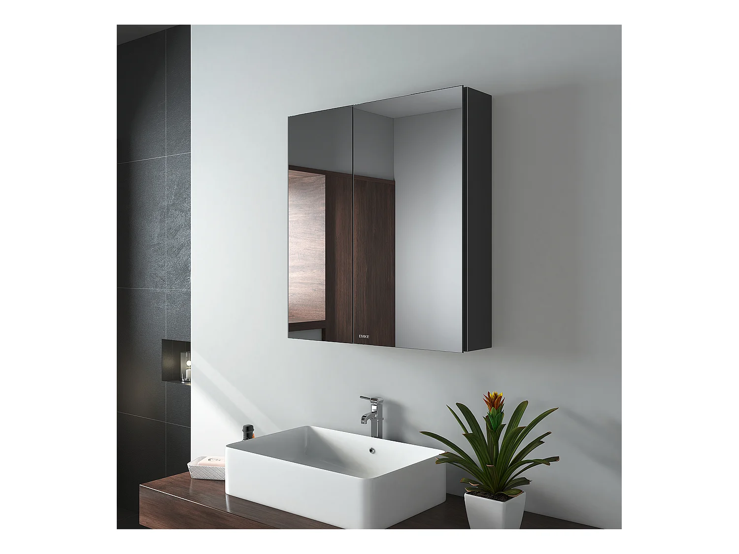 EMKE Armoires de toilette 60x65cm Noir Armoire Salle de Bain en Miroir Double Face