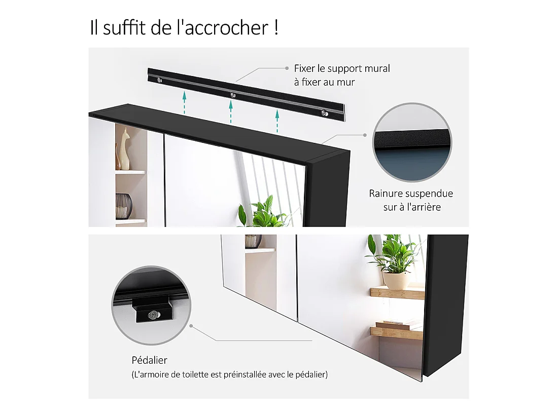 EMKE Armoires de toilette 60x65cm Noir Armoire Salle de Bain en Miroir Double Face