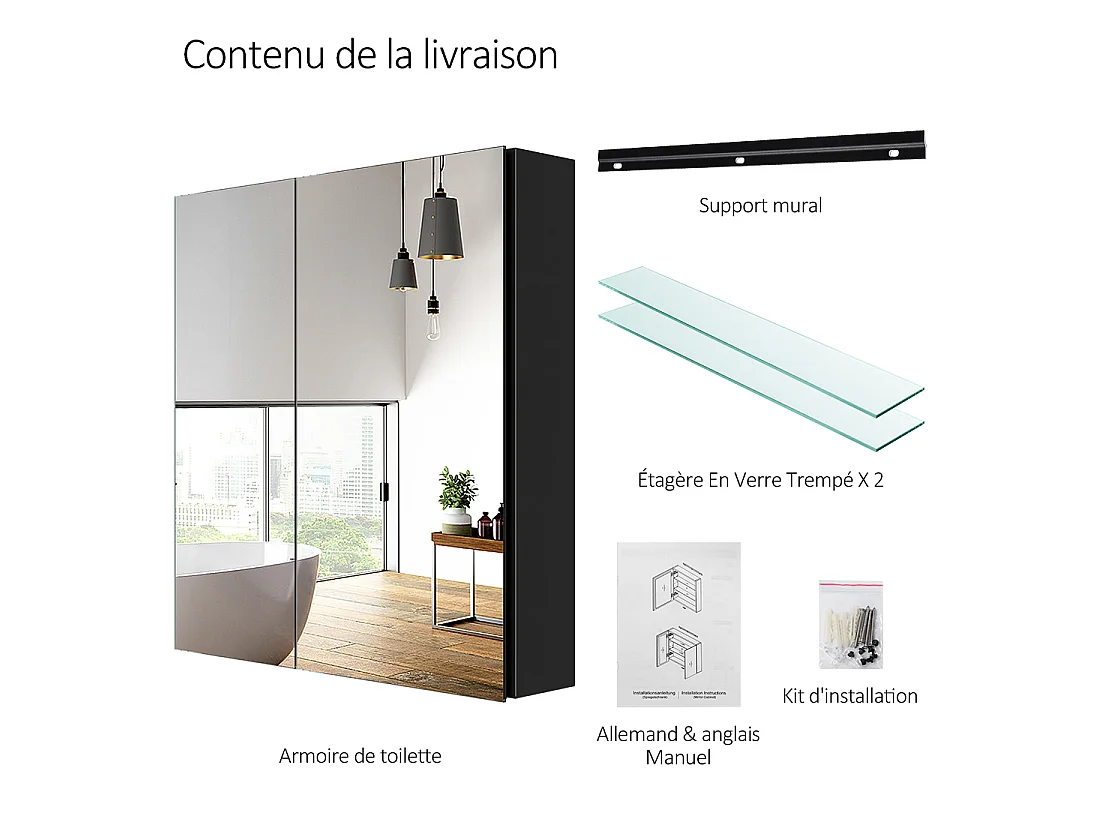 EMKE Armoires de toilette 60x65cm Noir Armoire Salle de Bain en Miroir Double Face