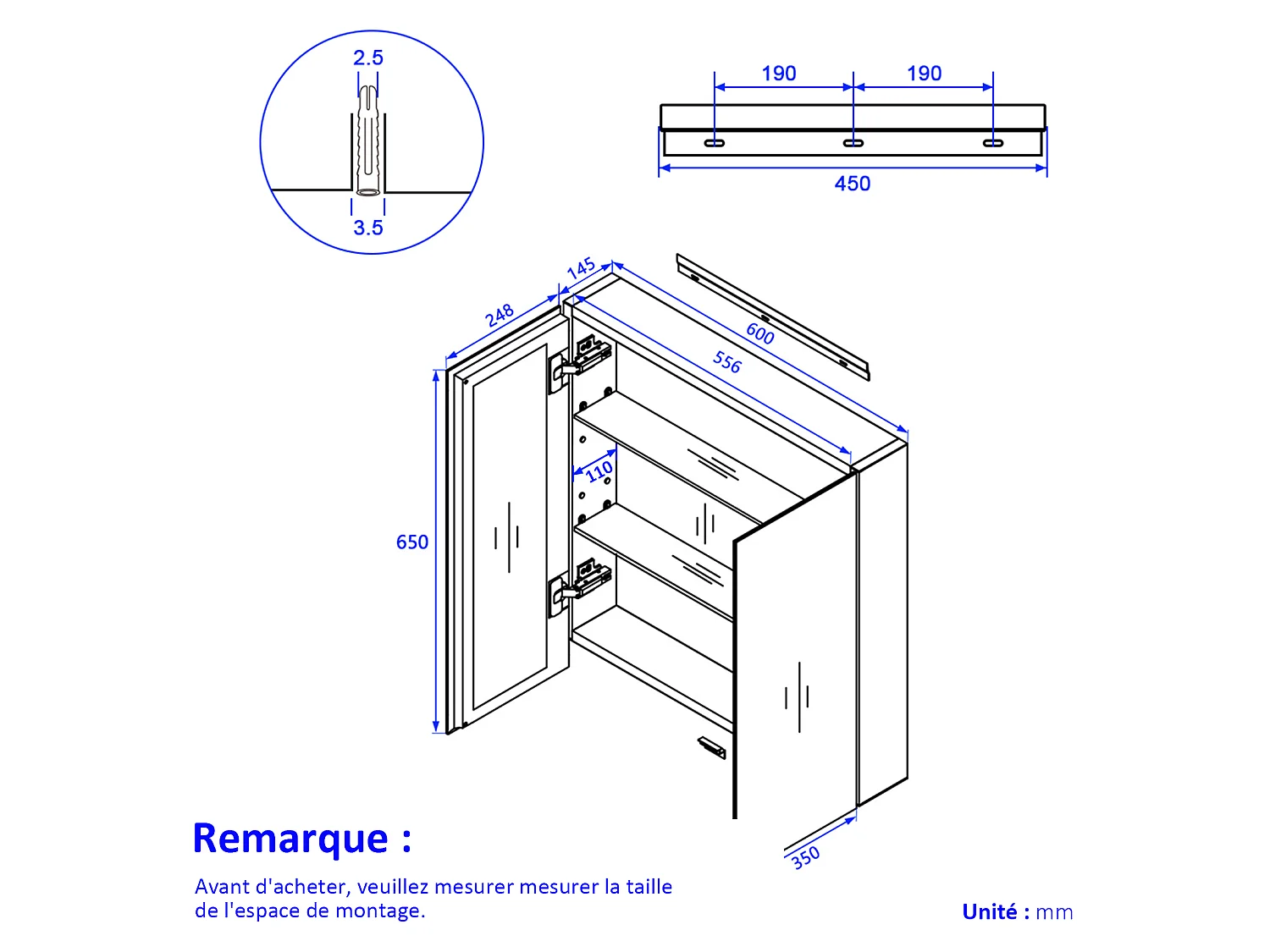 EMKE Armoires de toilette 60x65cm Noir Armoire Salle de Bain en Miroir Double Face
