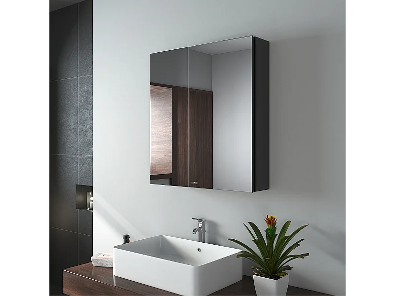 EMKE Spiegel-Schrank 60x65 cm, Schwarz, Badezimmer-Möbel mit beidseitigem Spiegel