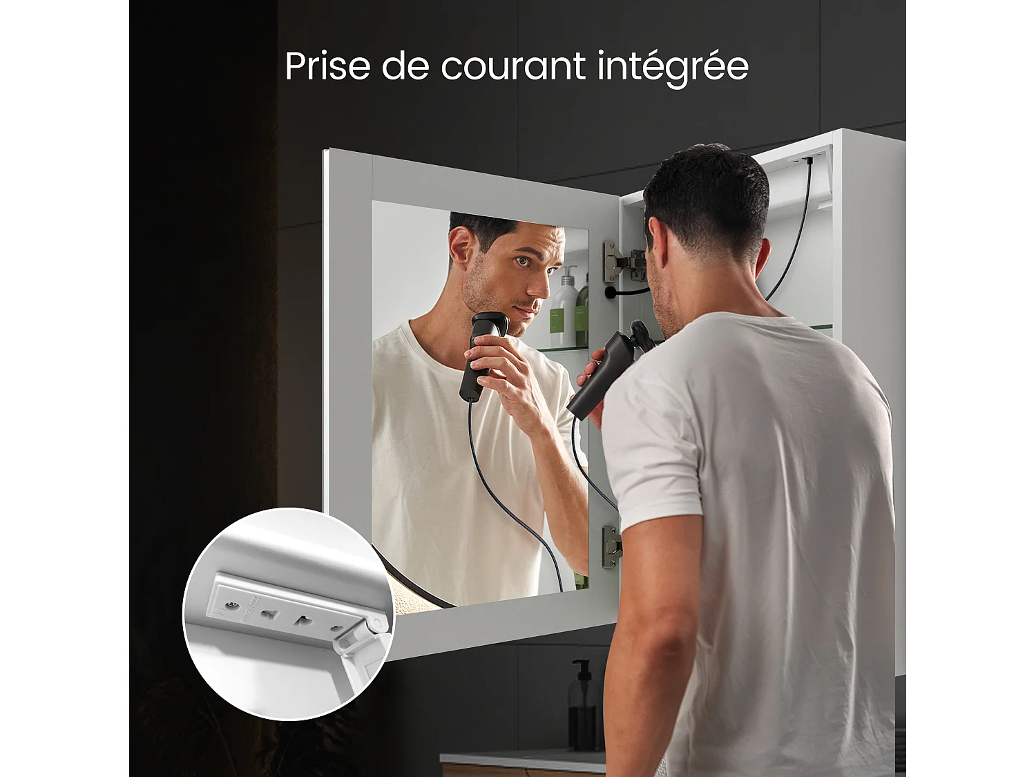 EMKE Armoire de Toilette avec Éclairage 50x70cm, Armoire de Salle de Bains avec 3 Couleurs de Lumière, Réglable, Anti-Buée, Prise de Courant