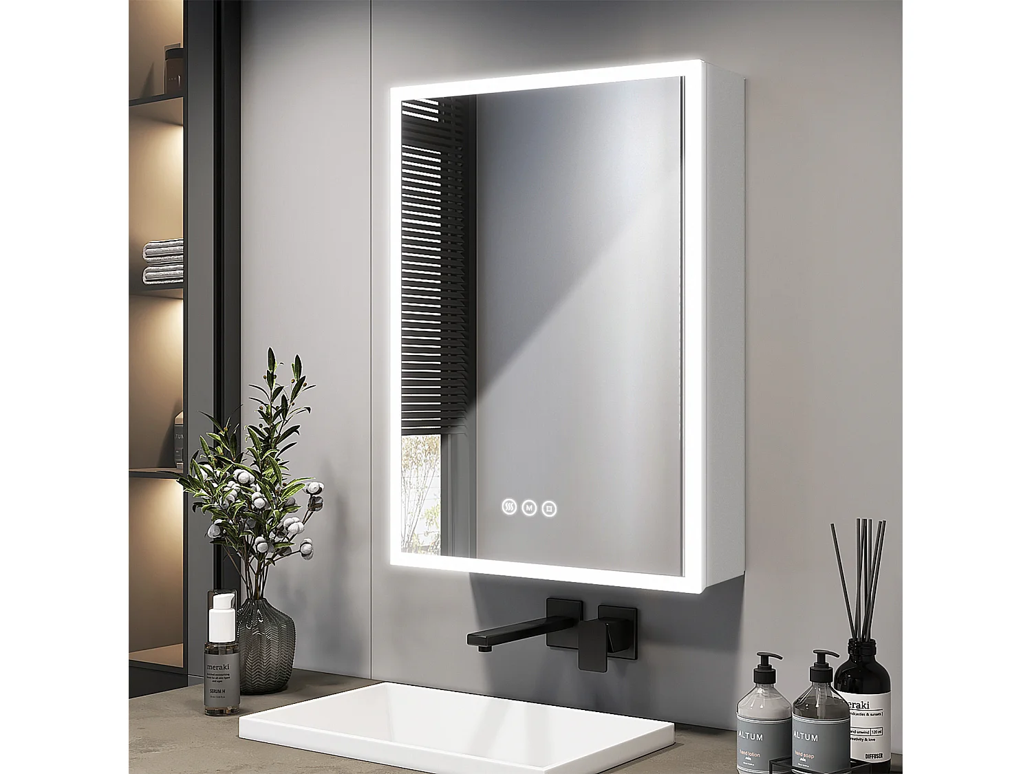 EMKE Armoire de Toilette avec Éclairage 50x70cm, Armoire de Salle de Bains avec 3 Couleurs de Lumière, Réglable, Anti-Buée, Prise de Courant