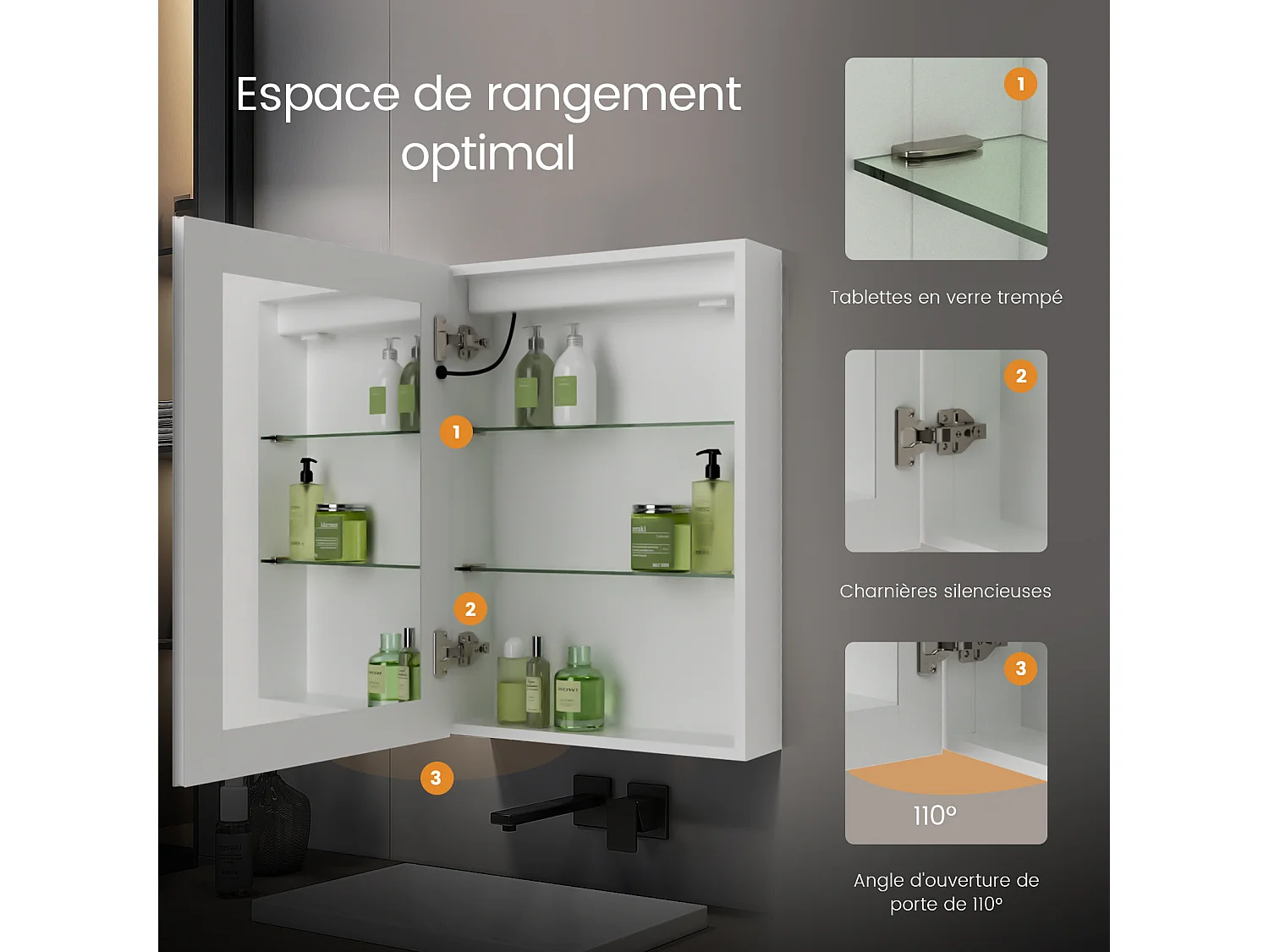 EMKE Armoire de Toilette avec Éclairage 50x70cm, Armoire de Salle de Bains avec 3 Couleurs de Lumière, Réglable, Anti-Buée, Prise de Courant