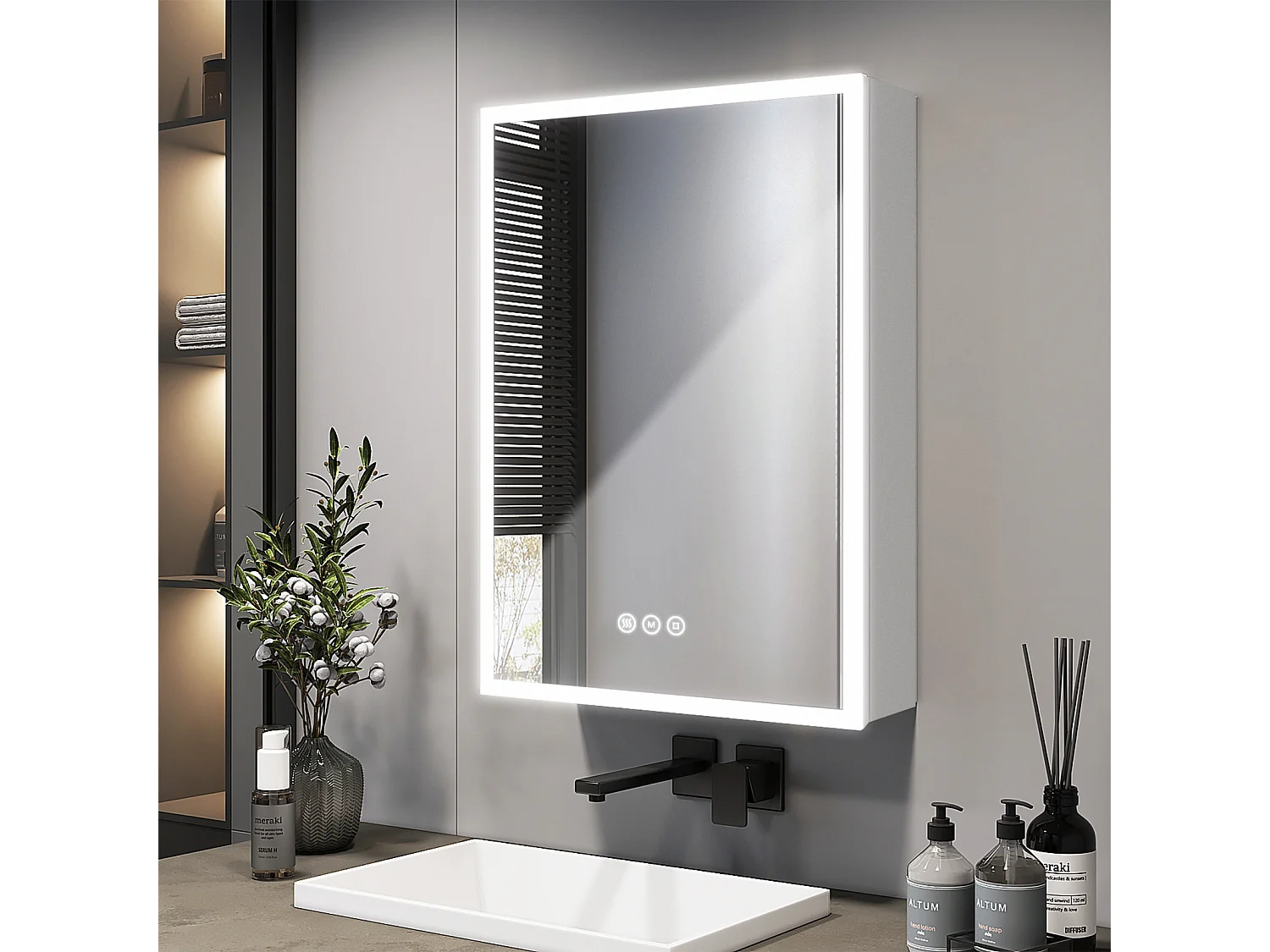 EMKE Armoire de Toilette avec Éclairage 50x70cm, Armoire de Salle de Bains avec 3 Couleurs de Lumière, Réglable, Anti-Buée, Prise de Courant