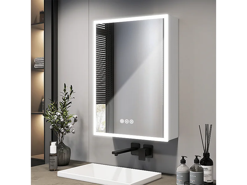 EMKE Armoire de Toilette avec Éclairage 50x70cm, Armoire de Salle de Bains avec 3 Couleurs de Lumière, Réglable, Anti-Buée, Prise de Courant