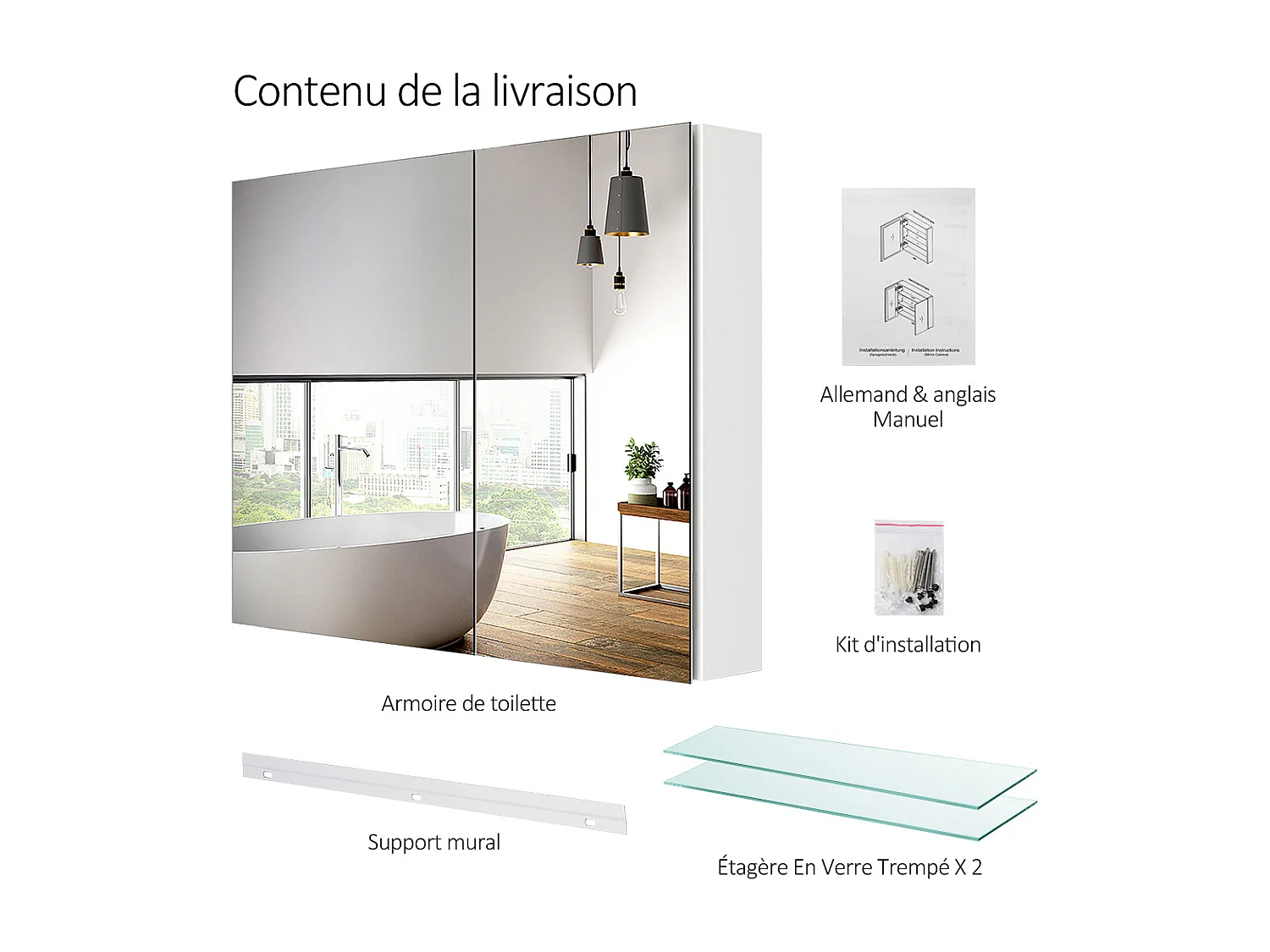 EMKE Armoires de toilette 85x65cm Blanche Armoire Salle de Bain en Miroir Double Face