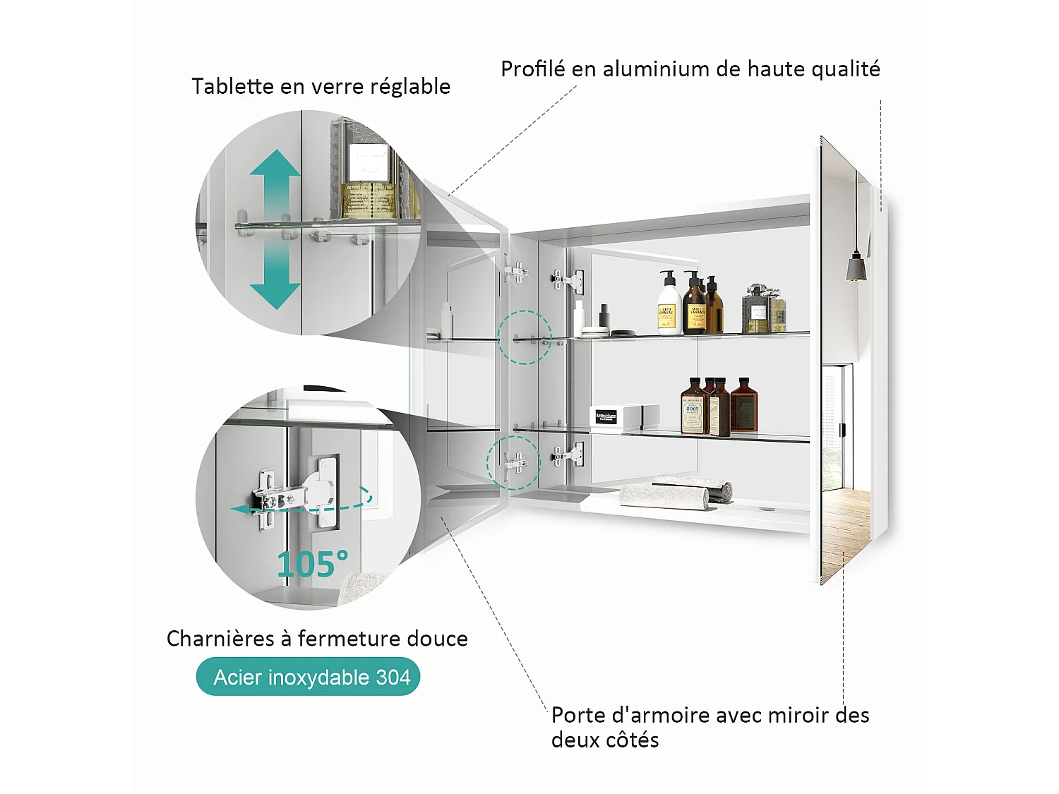 EMKE Armoires de toilette 85x65cm Blanche Armoire Salle de Bain en Miroir Double Face