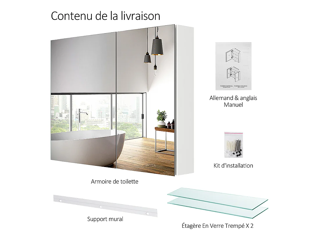 EMKE Armoires de toilette 85x65cm Blanche Armoire Salle de Bain en Miroir Double Face