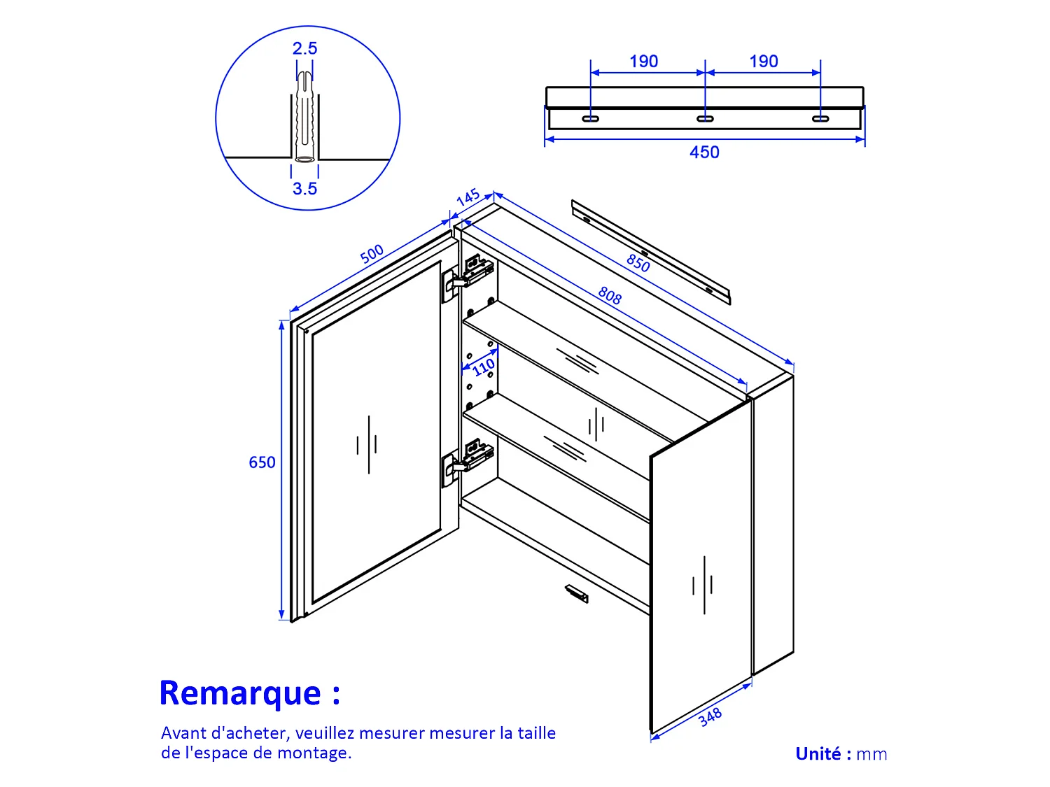 EMKE Armoires de toilette 85x65cm Blanche Armoire Salle de Bain en Miroir Double Face