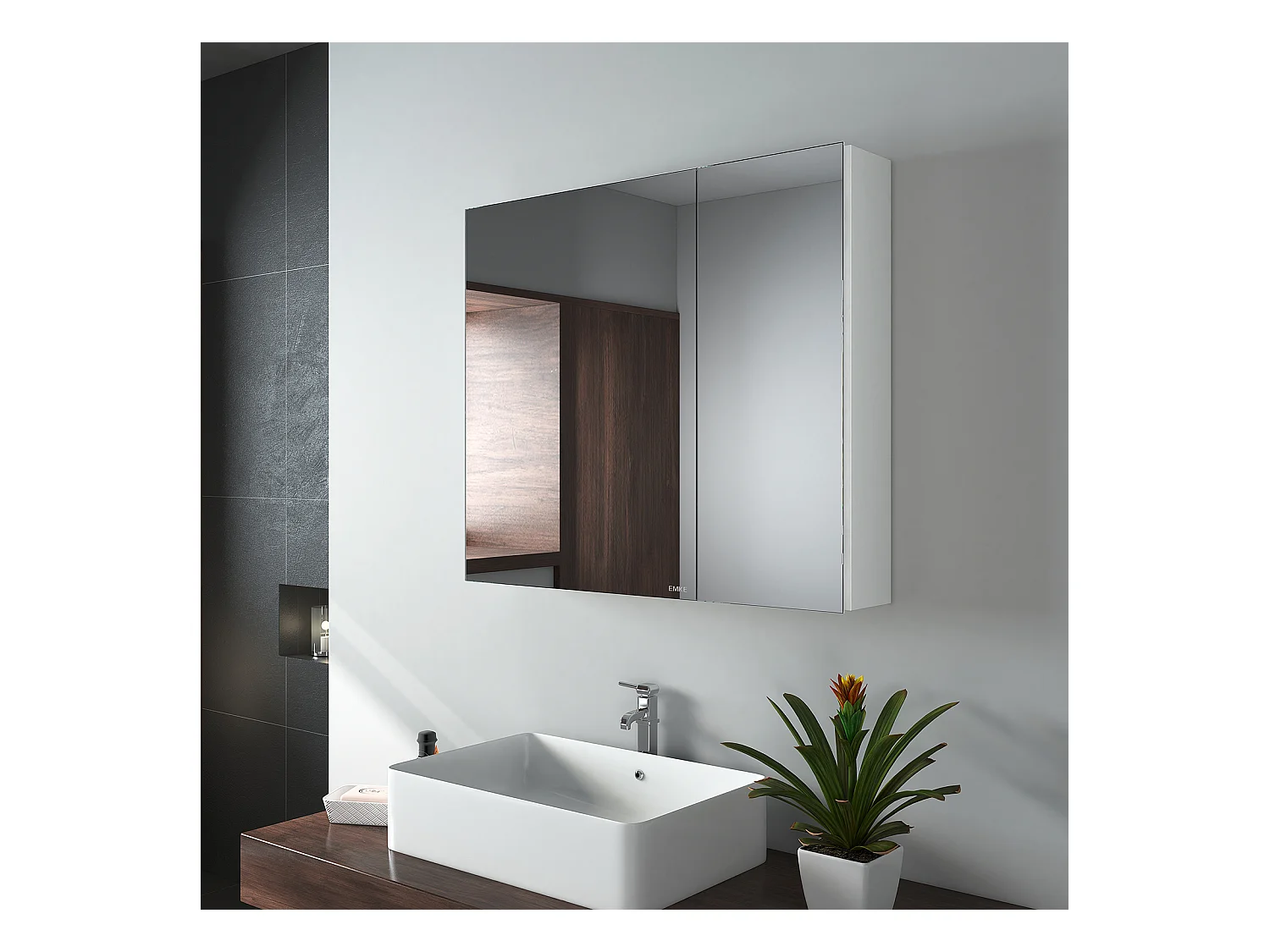 EMKE Spiegel-Schrank 75x65 cm, Weiß, Badezimmer-Möbel mit beidseitigem Spiegel