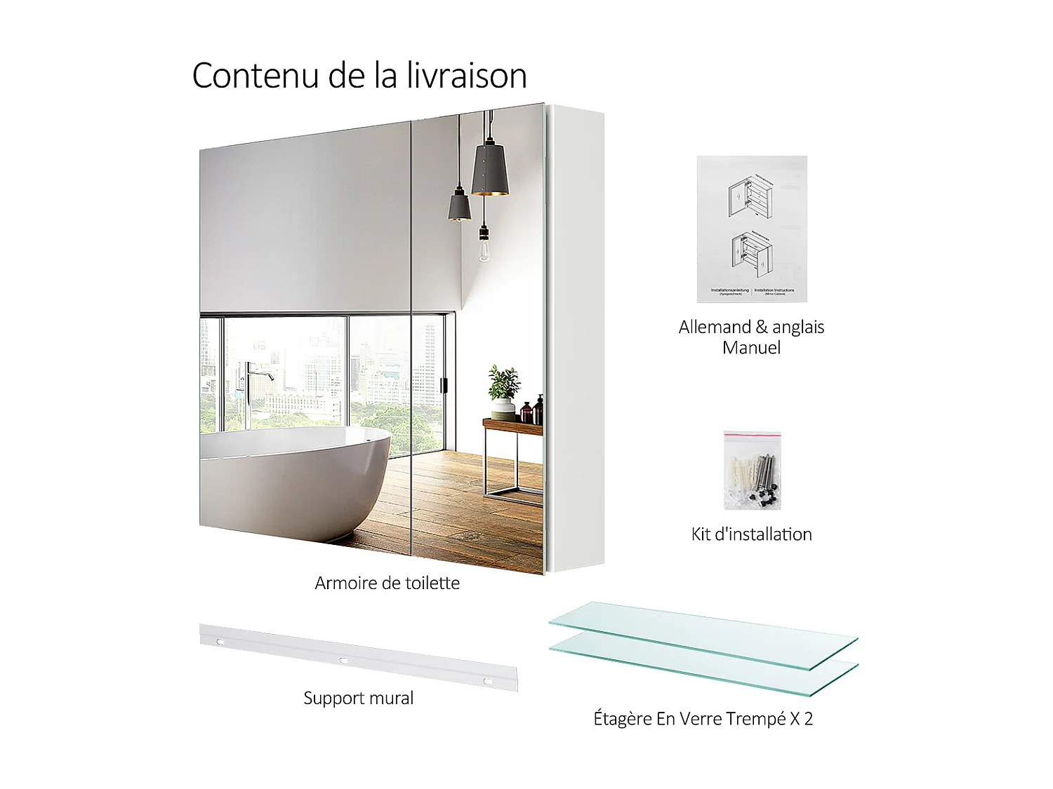 EMKE Armoires de toilette 75x65cm Blanche Armoire Salle de Bain en Miroir Double Face