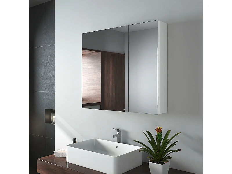 EMKE Spiegel-Schrank 75x65 cm, Weiß, Badezimmer-Möbel mit beidseitigem Spiegel