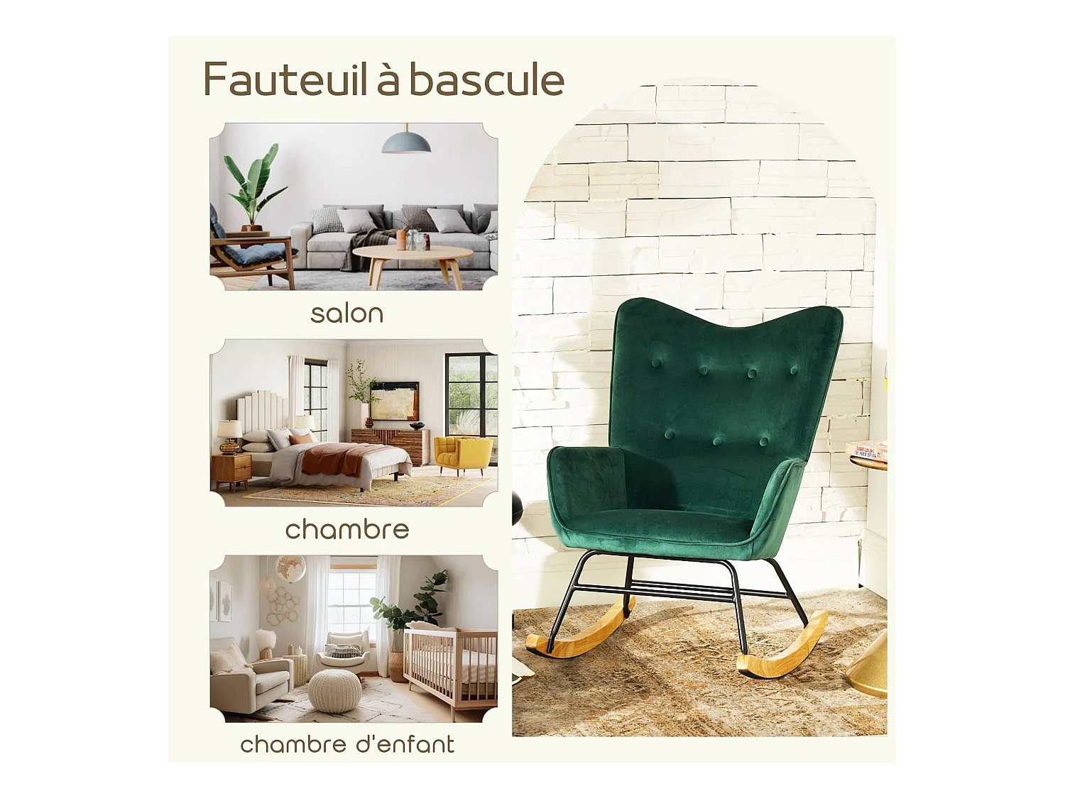 URBAN MEUBLE Fauteuil à bascule Scandinave velours vert pieds en bois foncé