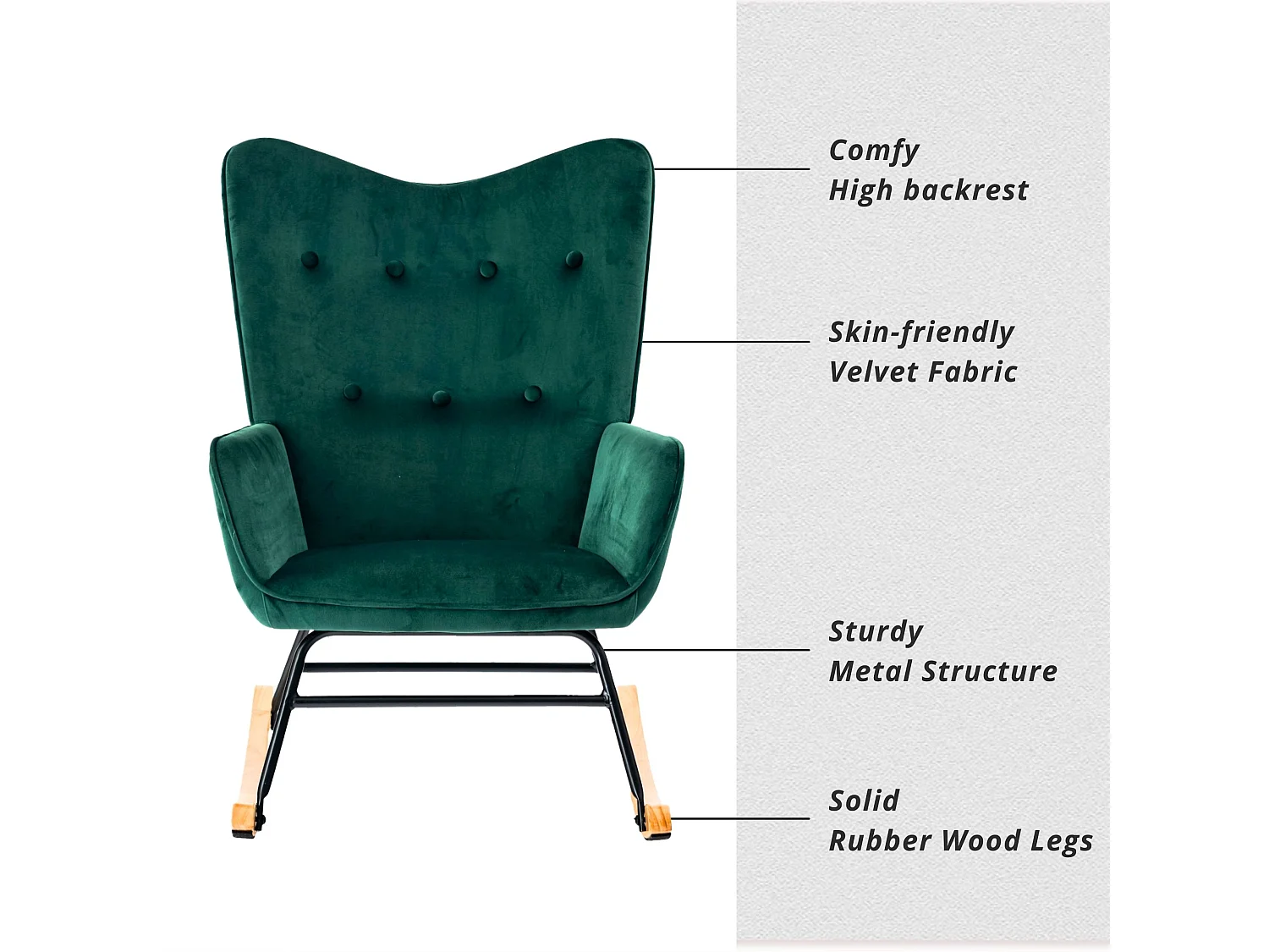 URBAN MEUBLE Fauteuil à bascule Scandinave velours vert pieds en bois foncé
