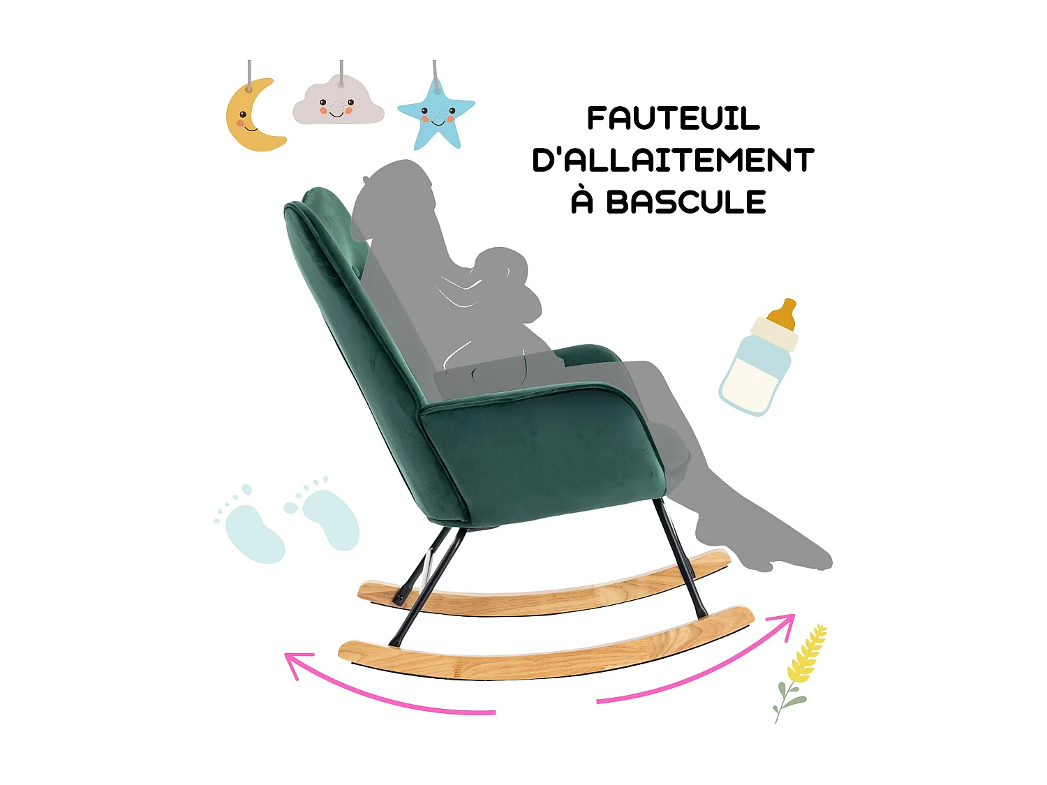 URBAN MEUBLE Fauteuil à bascule Scandinave velours vert pieds en bois foncé