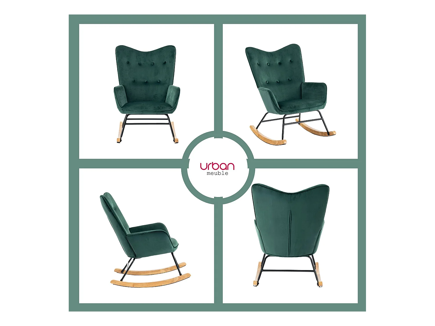 URBAN MEUBLE Fauteuil à bascule Scandinave velours vert pieds en bois foncé