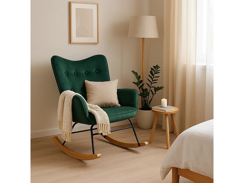 URBAN MEUBLE Fauteuil à bascule Scandinave velours vert pieds en bois foncé