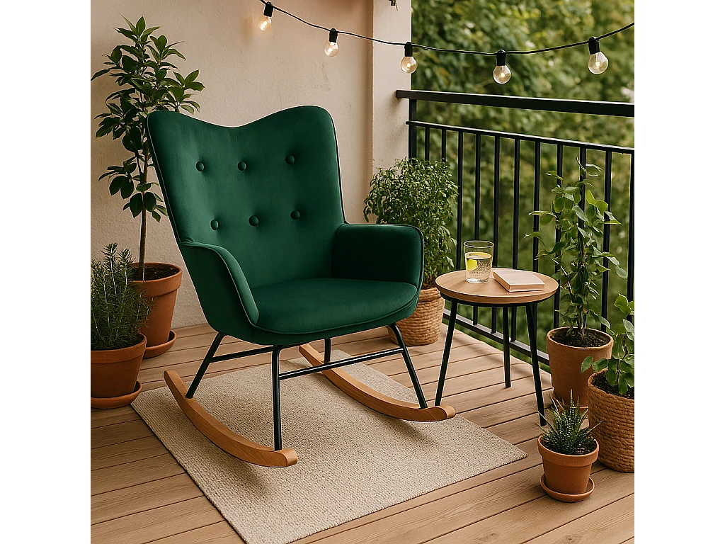 URBAN MEUBLE Fauteuil à bascule Scandinave velours vert pieds en bois foncé
