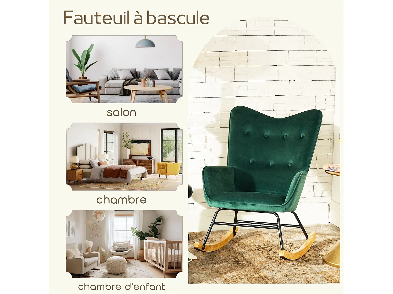 URBAN MEUBLE Fauteuil à bascule Scandinave velours vert pieds en bois foncé