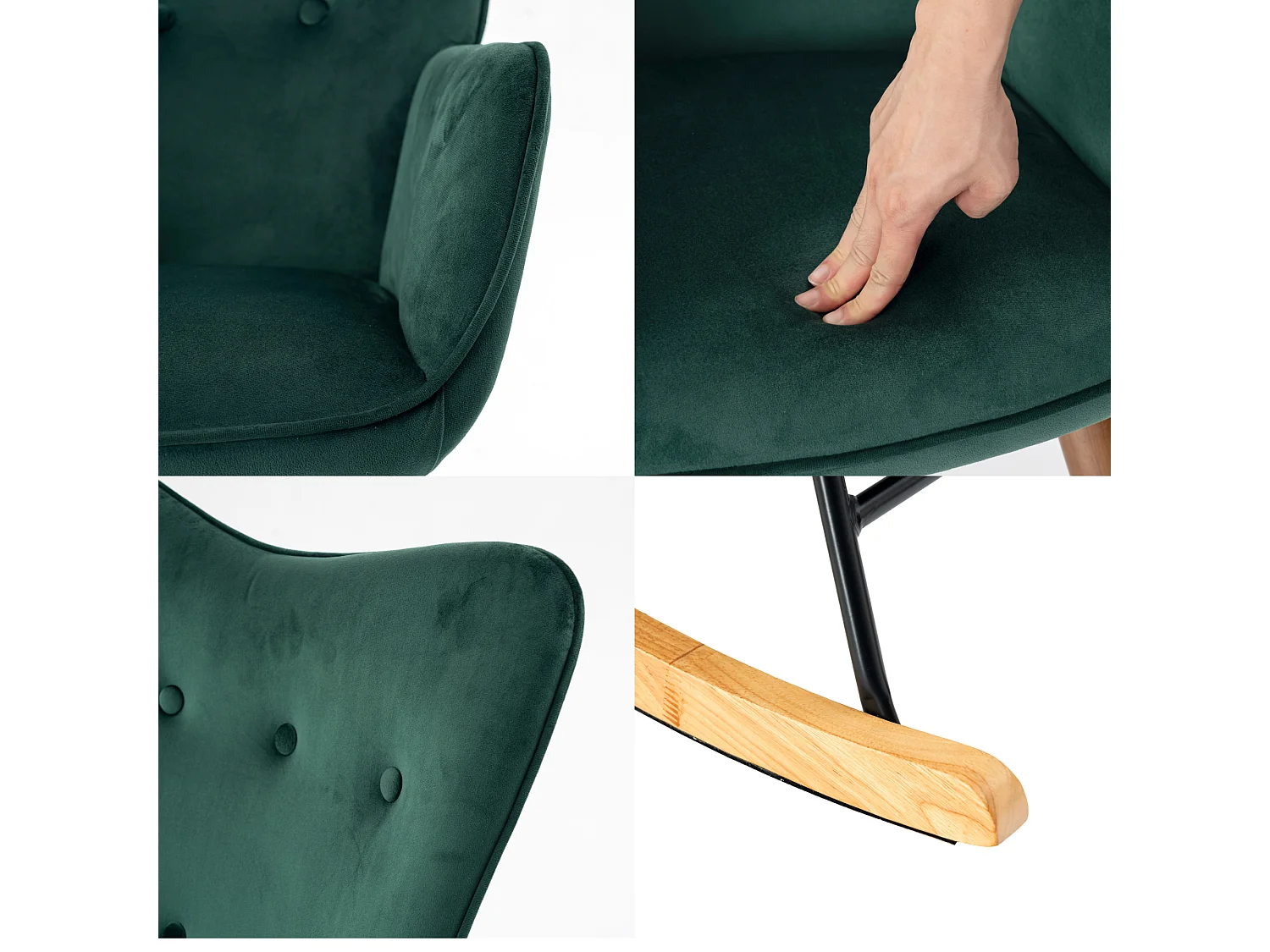 URBAN MEUBLE Fauteuil à bascule Scandinave velours vert pieds en bois foncé