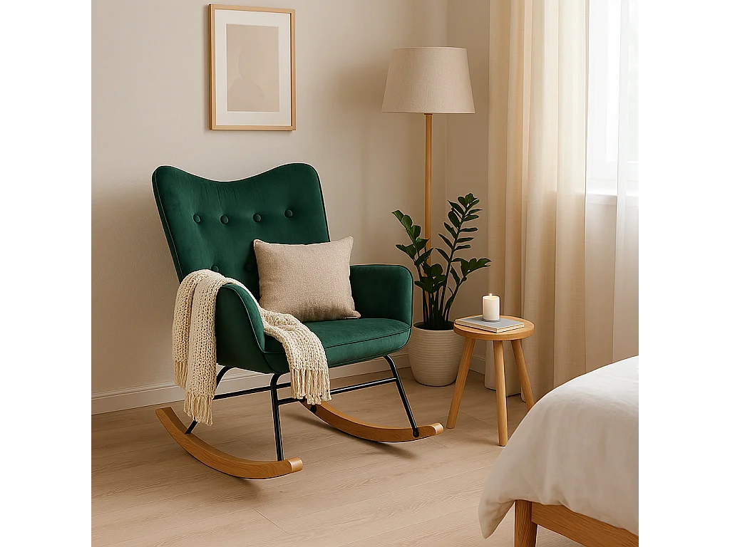 URBAN MEUBLE Fauteuil à bascule Scandinave velours vert pieds en bois foncé