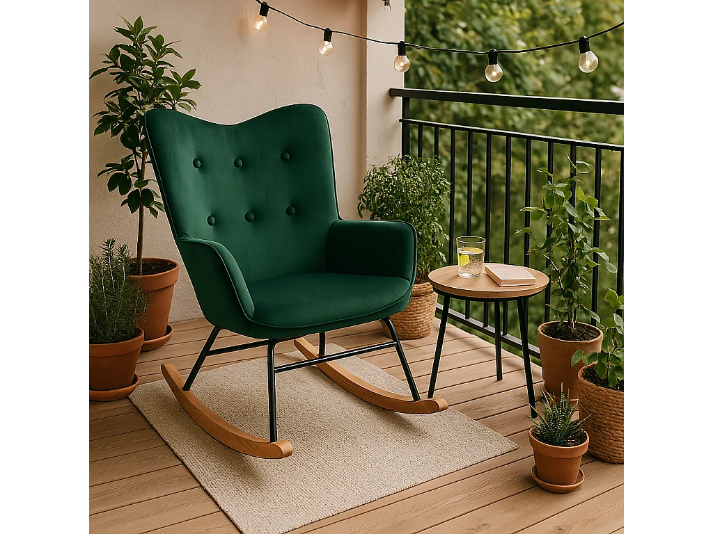 URBAN MEUBLE Fauteuil à bascule Scandinave velours vert pieds en bois foncé