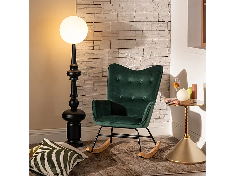 URBAN MEUBLE Fauteuil à bascule Scandinave velours vert pieds en bois foncé