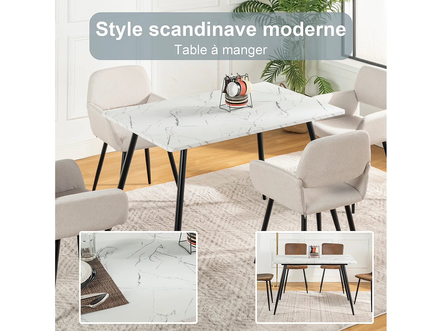 URBAN MEUBLE Table de salle à manger rectangulaire effet marbre blanc de style scandinave 120x75cm