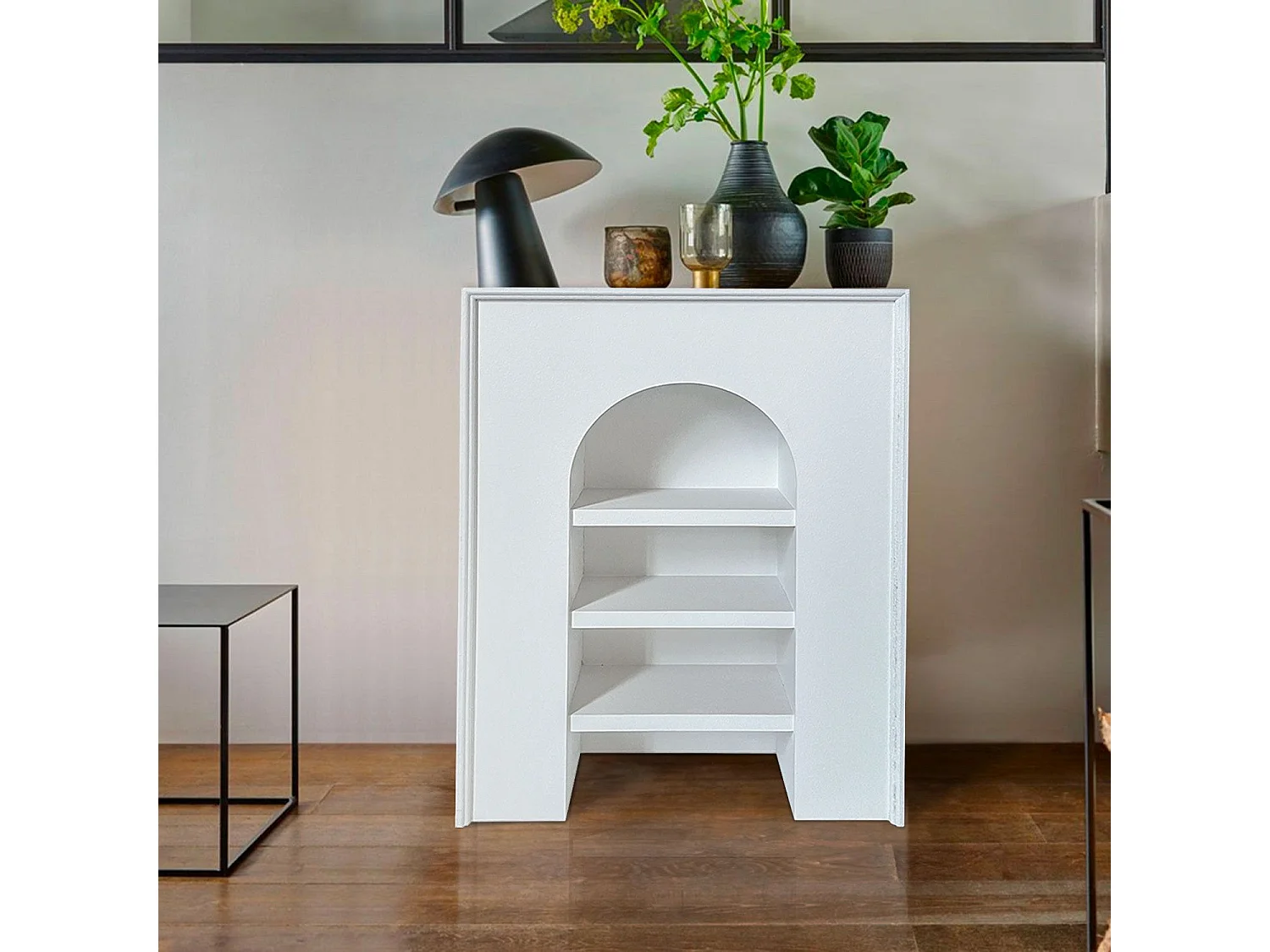 Meuble à étagères style naturel avec arche Vincia L60xH80cm Blanc texturé