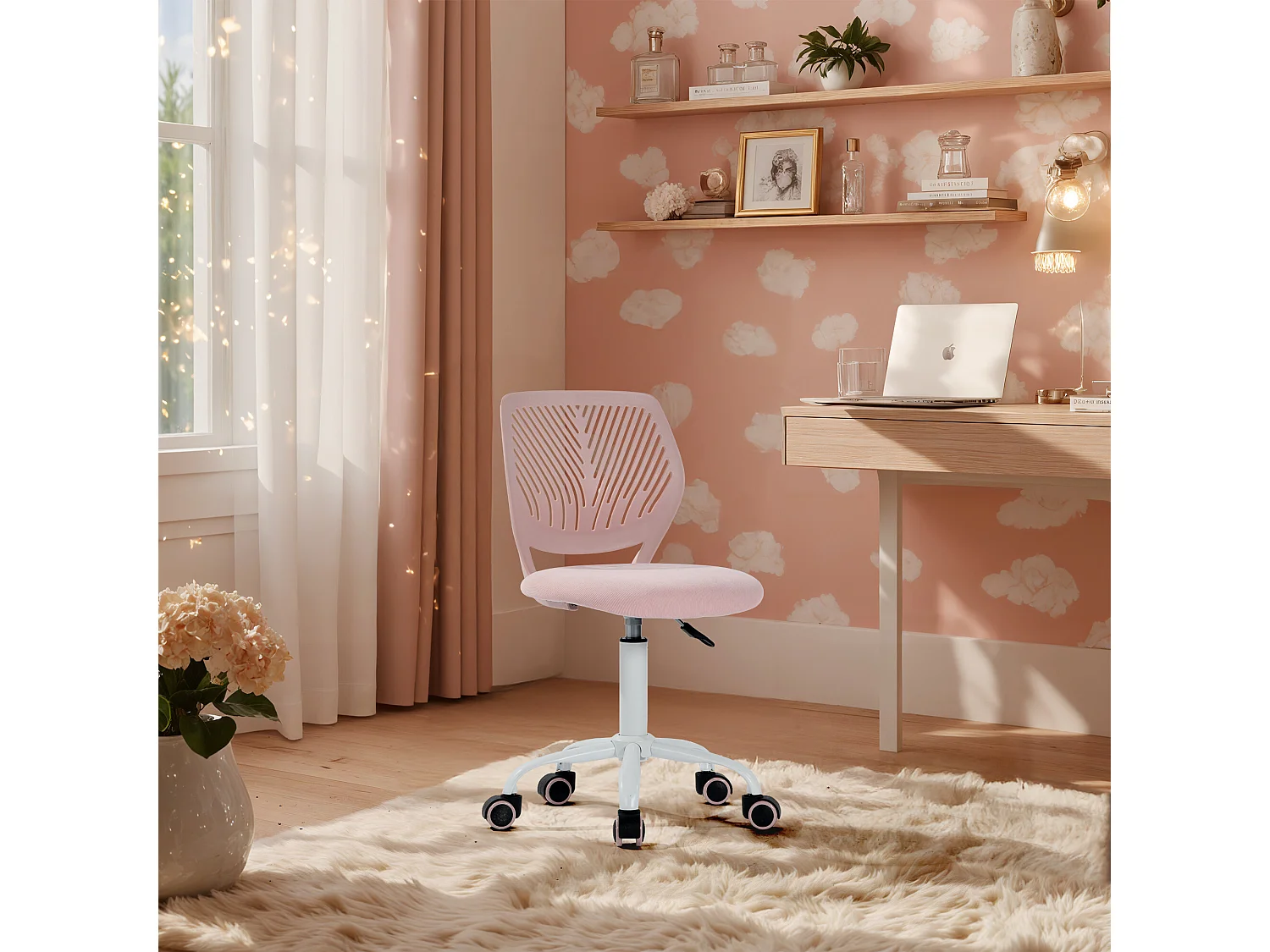 URBAN MEUBLE Chaise de bureau pour enfant rose pastel à roulettes