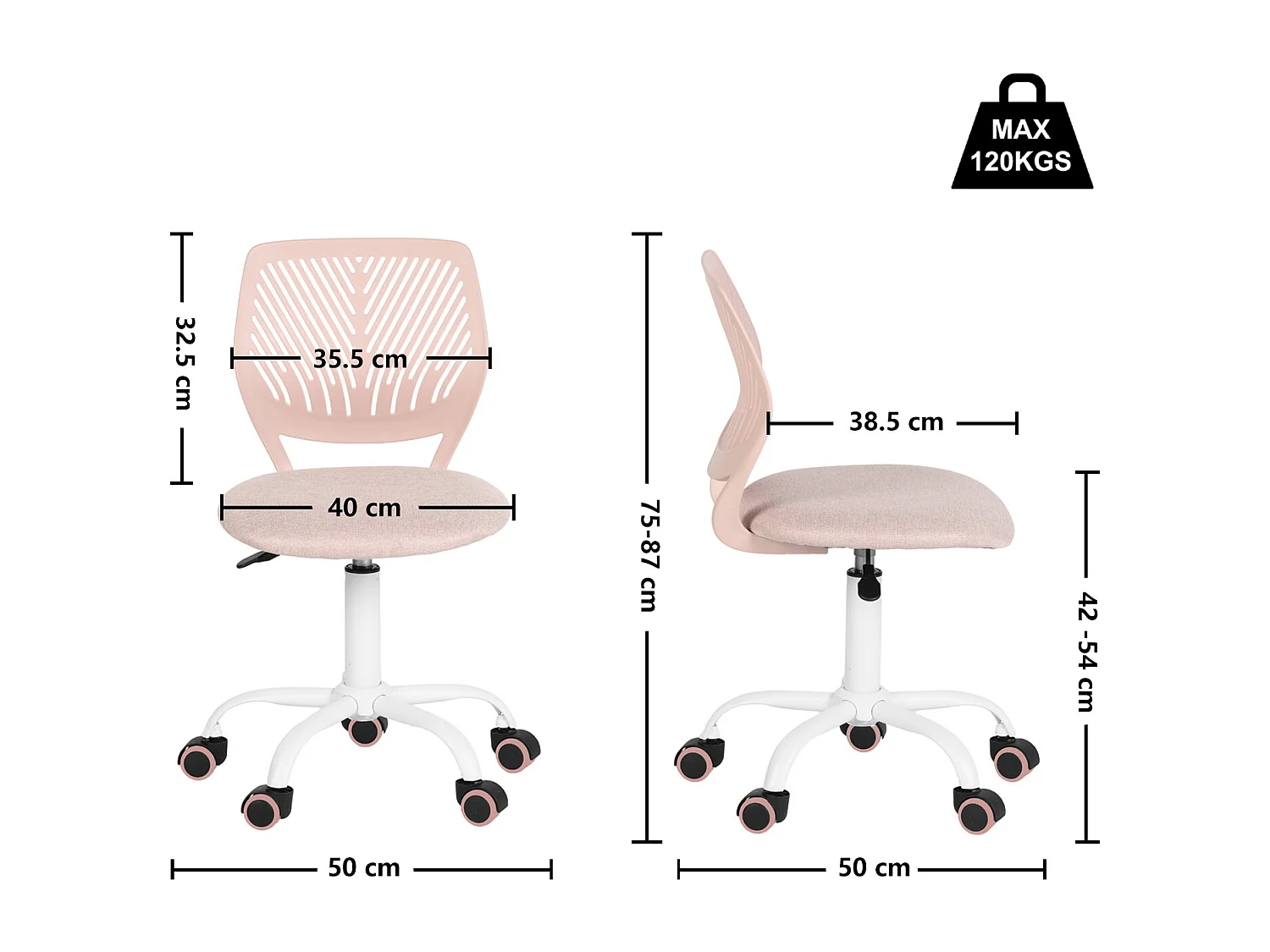 URBAN MEUBLE Chaise de bureau pour enfant rose pastel à roulettes