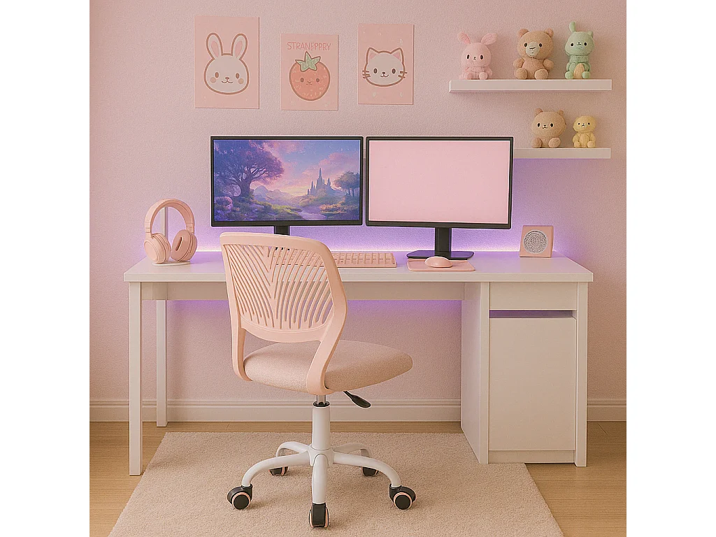 URBAN MEUBLE Chaise de bureau pour enfant rose pastel à roulettes
