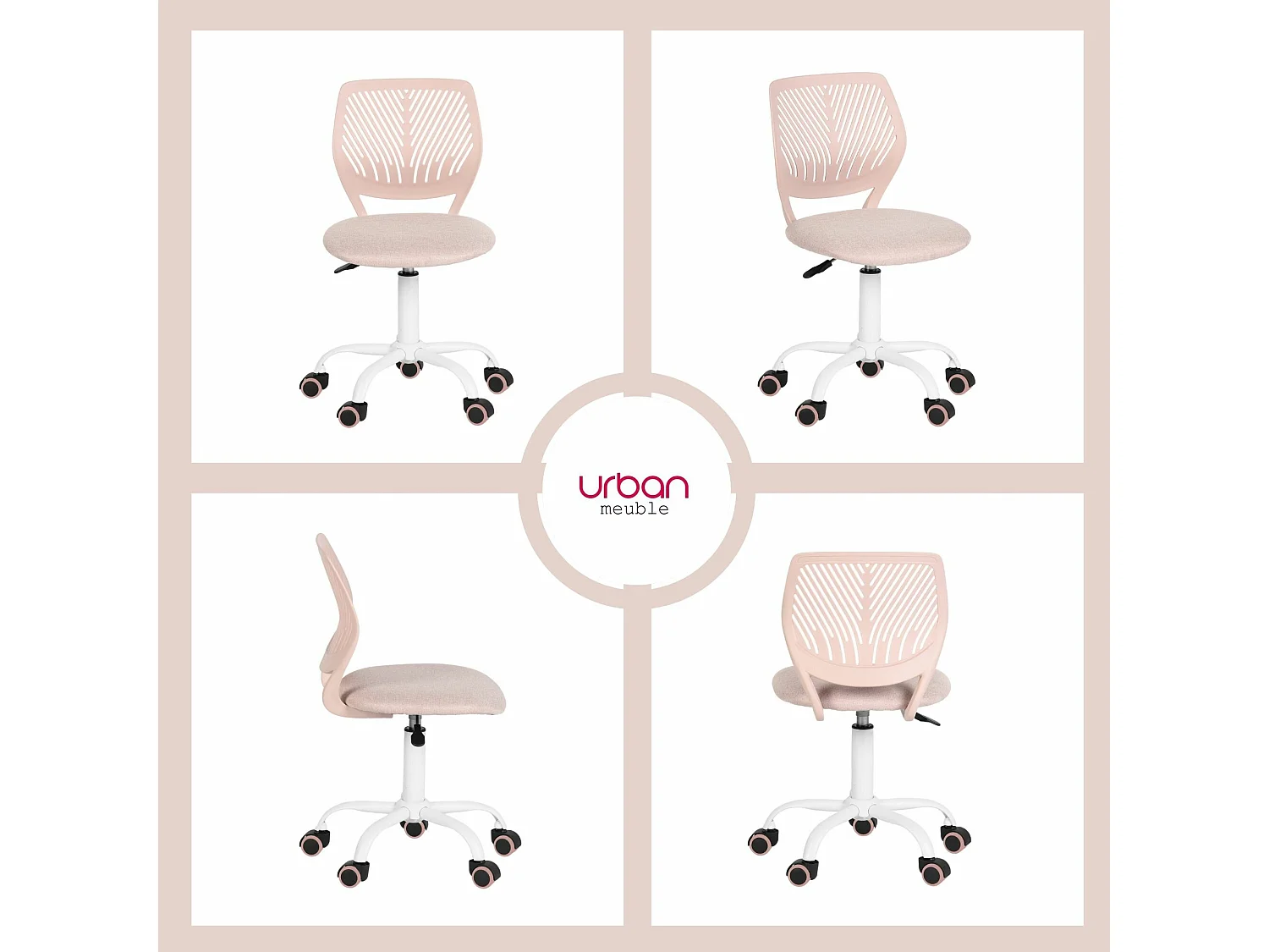 URBAN MEUBLE Chaise de bureau pour enfant rose pastel à roulettes
