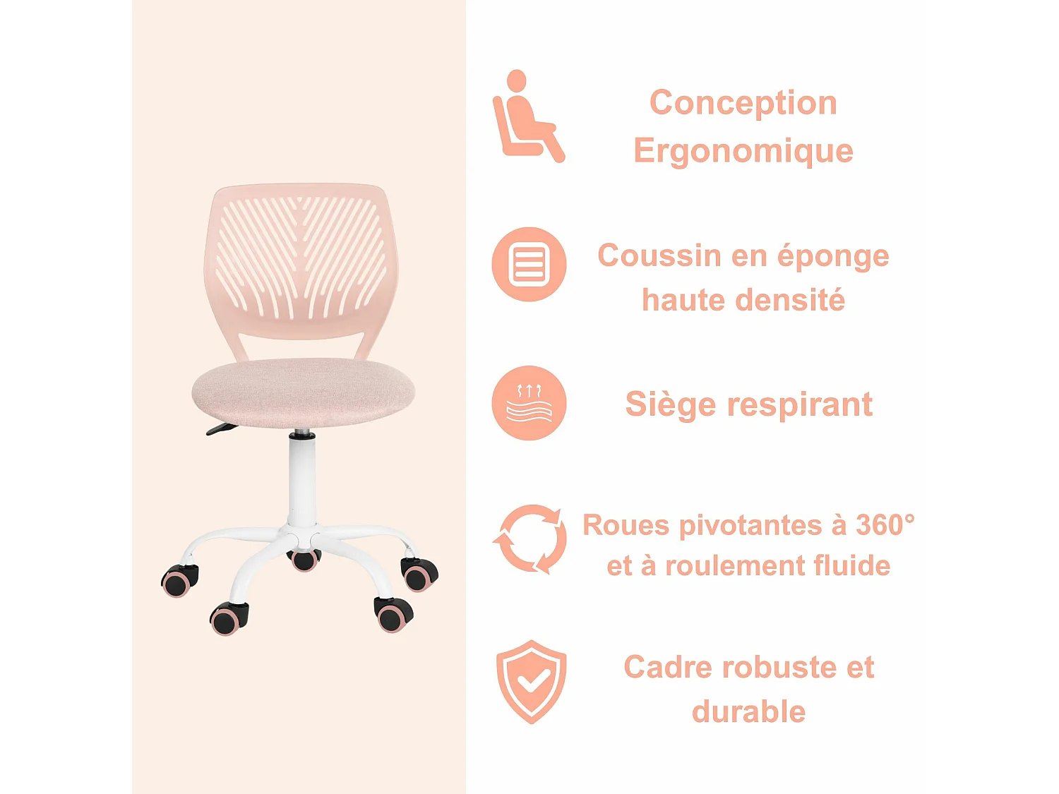 URBAN MEUBLE Chaise de bureau pour enfant rose pastel à roulettes