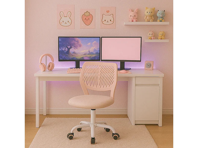 URBAN MEUBLE Chaise de bureau pour enfant rose pastel à roulettes