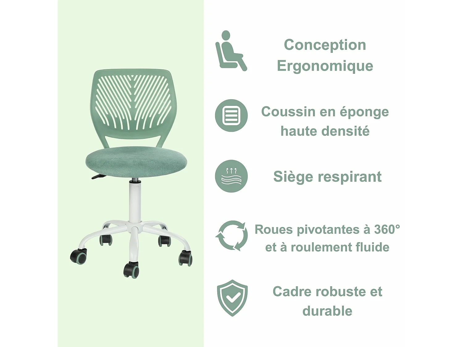 URBAN MEUBLE Chaise de bureau pour enfant vert sauge à roulettes
