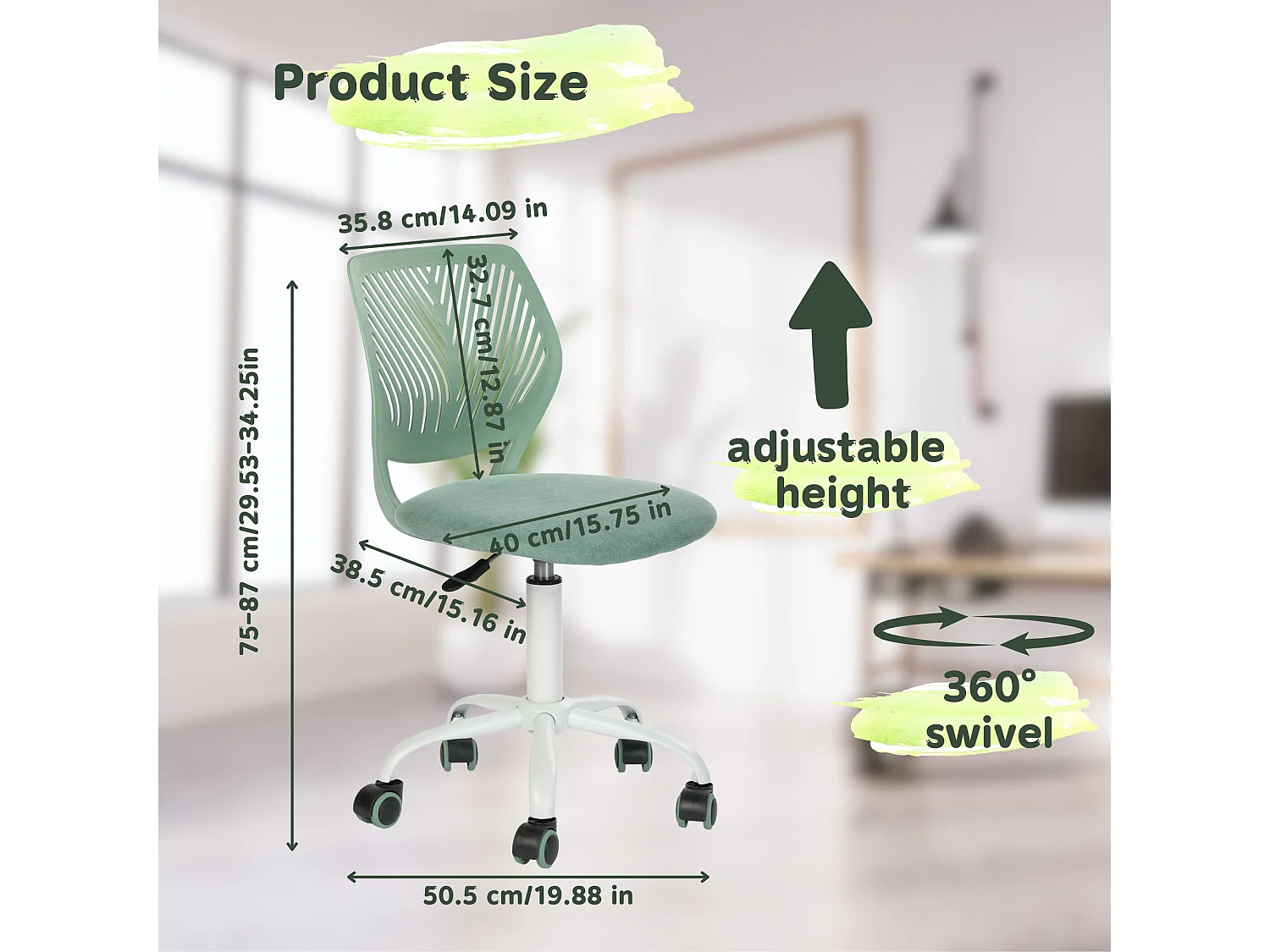 URBAN MEUBLE Chaise de bureau pour enfant vert sauge à roulettes