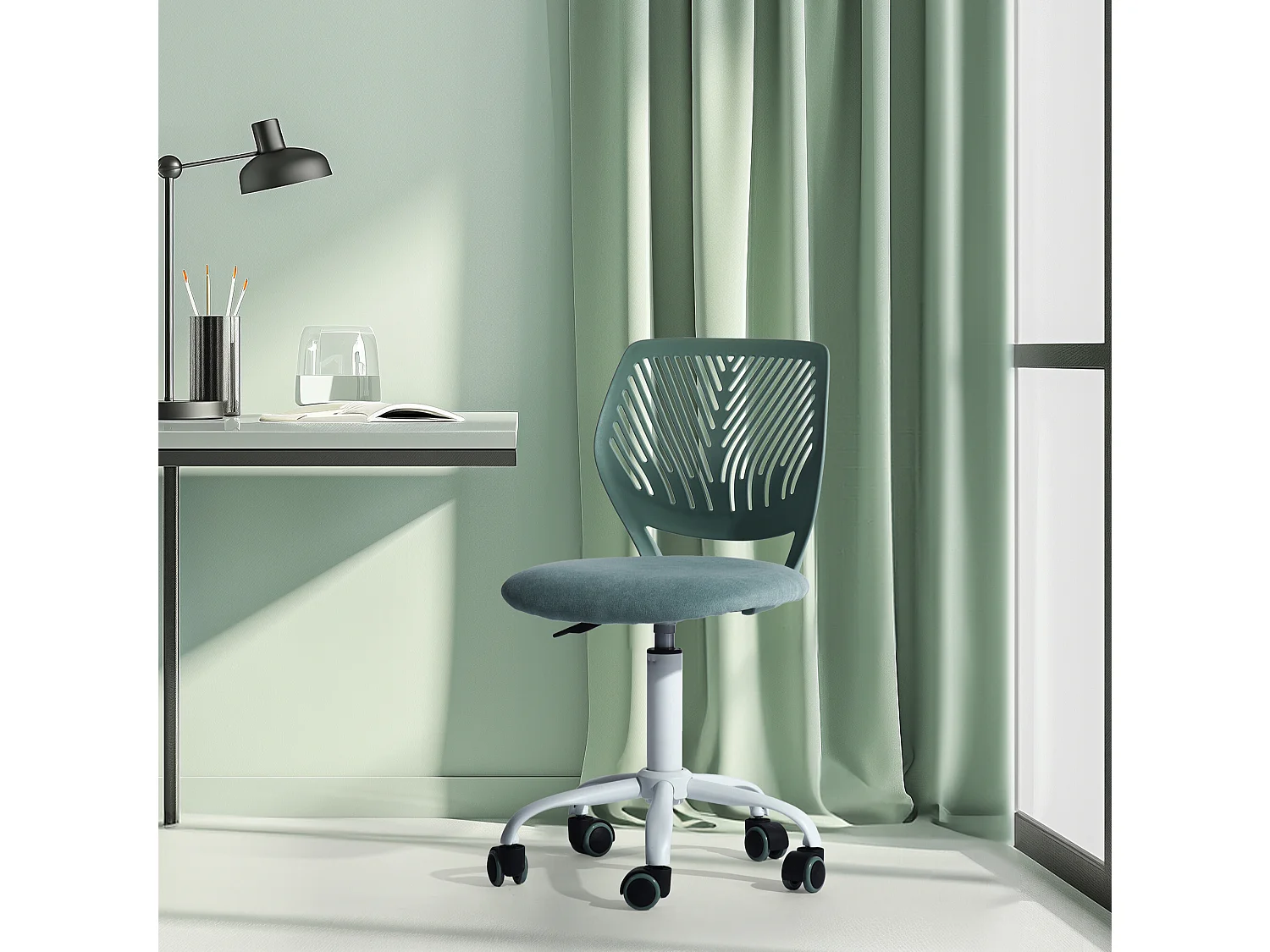 URBAN MEUBLE Chaise de bureau pour enfant vert sauge à roulettes