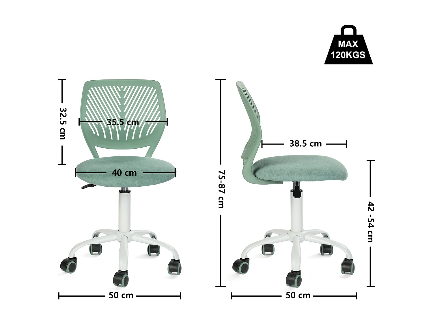 URBAN MEUBLE Chaise de bureau pour enfant vert sauge à roulettes