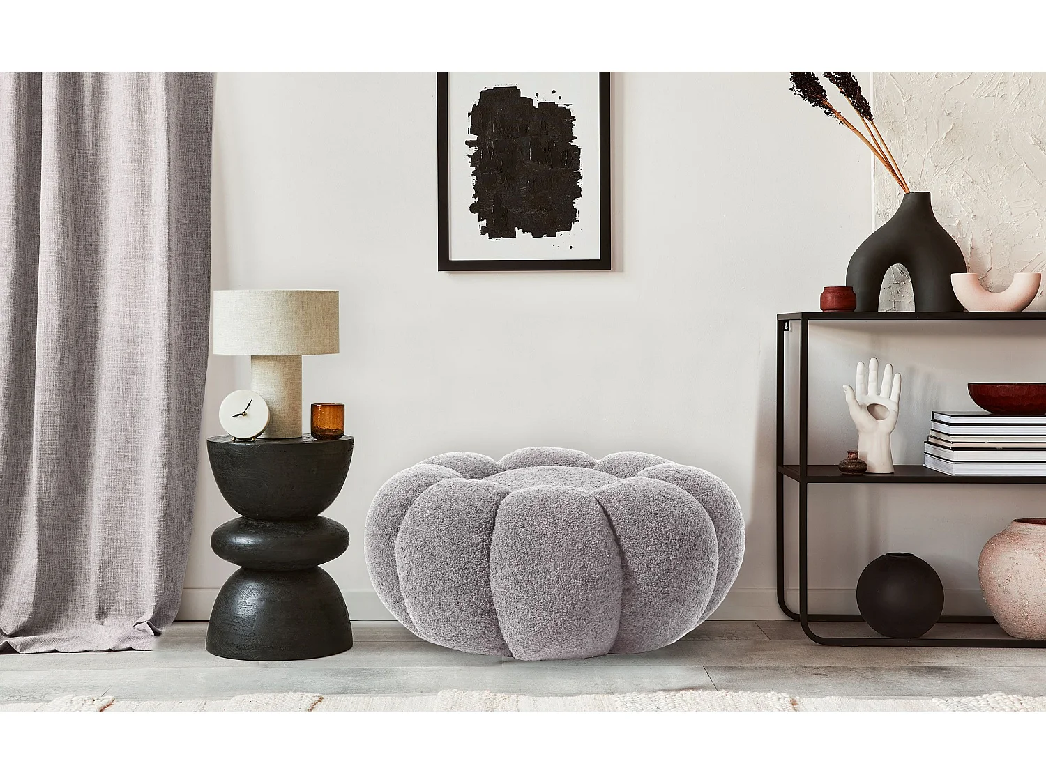Design-Pouf Blume Arielina Bouclé-Stoff Grau - Traumhaftes Wohnzimmer