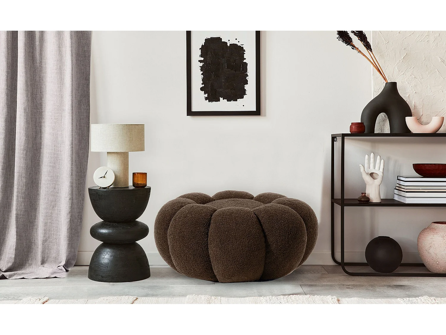 Pouf design fleur Arielina Tissu bouclette Marron