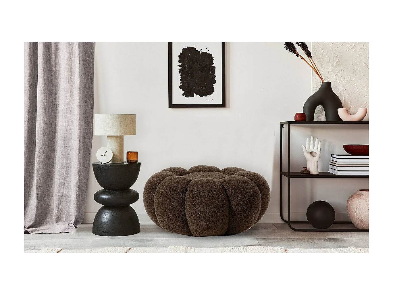 Poef Design Bloem Bruin Badstof Modern 61cm