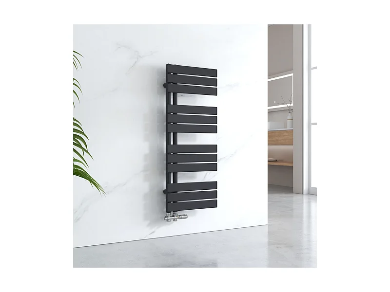 EMKE Asciugatore ad acqua calda a pannello piatto, connessione laterale per asciugamani, nero 1041x400mm 456Watts