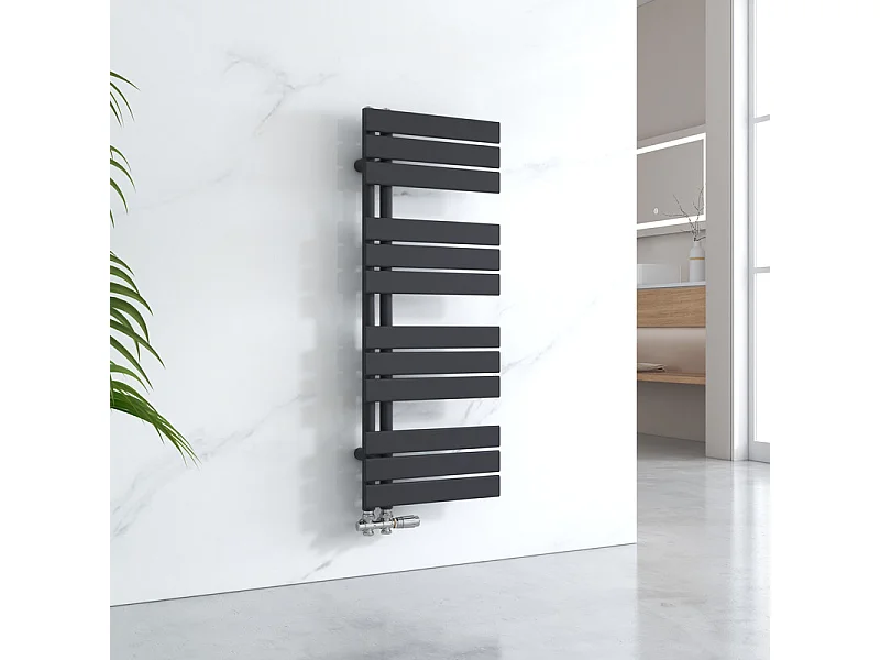 EMKE Sèche-serviettes à Eau Chaude Panneau Plat, Sèche-serviettes connexion latérale pour, Noir 1041x400mm 456Watts