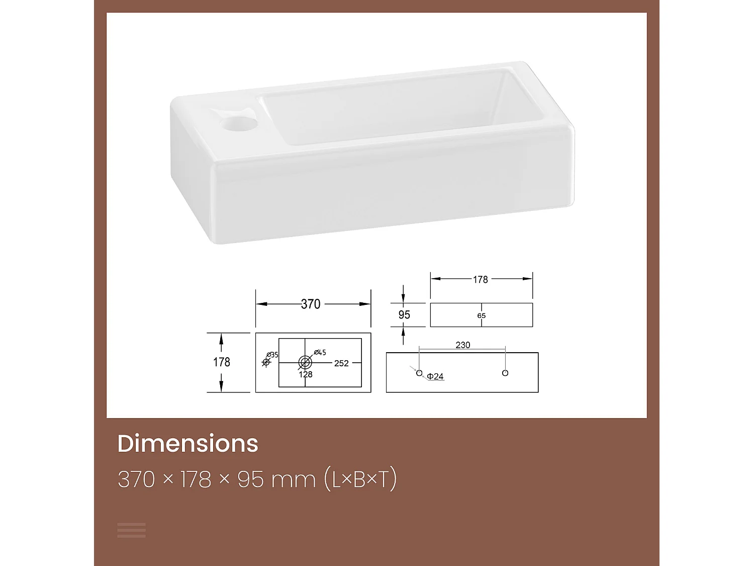 WASCHBECKEN Rechteckig, Hahnloch rechts, Weiß 36,5/18 /9 cm