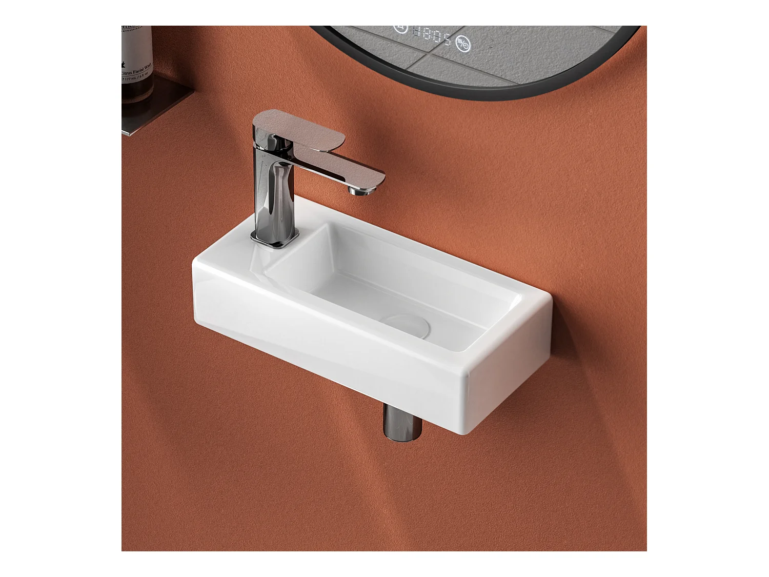 EMKE Lavabo Mural pour Salle de Bain 365 x 180 x 90 mm, Vasque Rectangulaire en Céramique, Trou de Robinet à Droite, Blanc Brillant